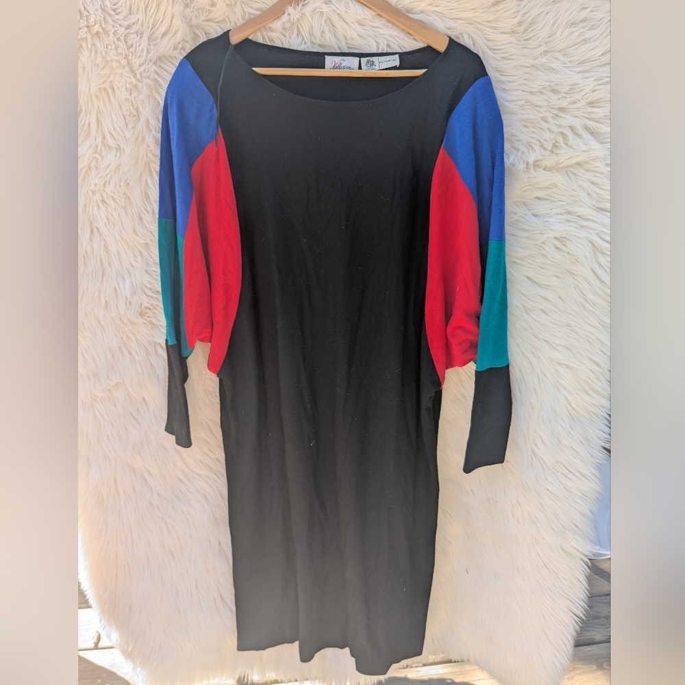 Color Block The Kollections Dress Vintage 80s Long Sleeve Sheath Size 14 Large.